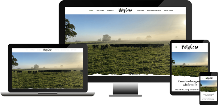 Cross-platform website design showcasing a serene farm landscape with cows, emphasizing a fresh, organic brand identity.